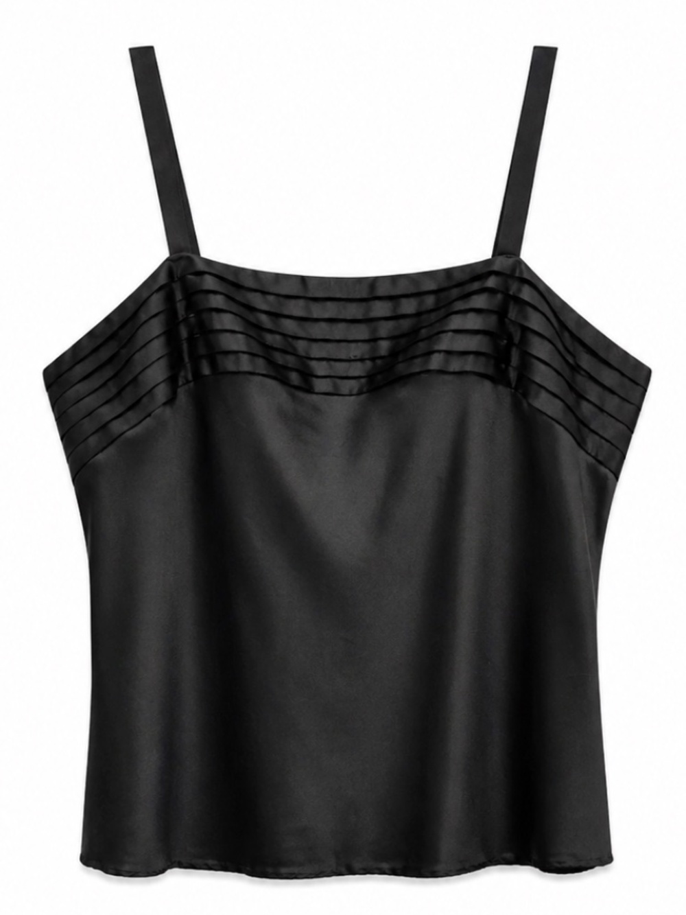 Vintage Black Satin Camisole Top with Pleated Neckline – Plus Size 1X EUC